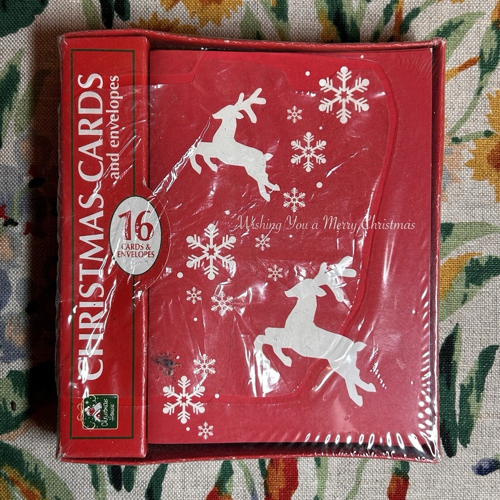 NEW & SEALED Red Reindeer Snowflakes 16 Christmas Cards & Envelopes Xmas Holiday